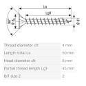 Spax vrut 4,0x50 mm, PZ (Z2), zápustná hlava, bílý zinek (500 ks balení)