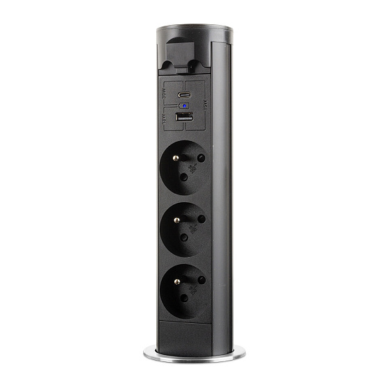 StrongPower elektricky výsuvná zásuvka 3x 230V Francouzská, USB A+C, černá